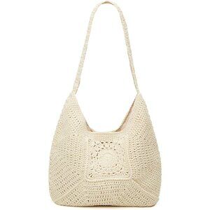 Women Beige Cotton Woven Straw Beach Bag Casual Tote for Summer Travel and Shopp